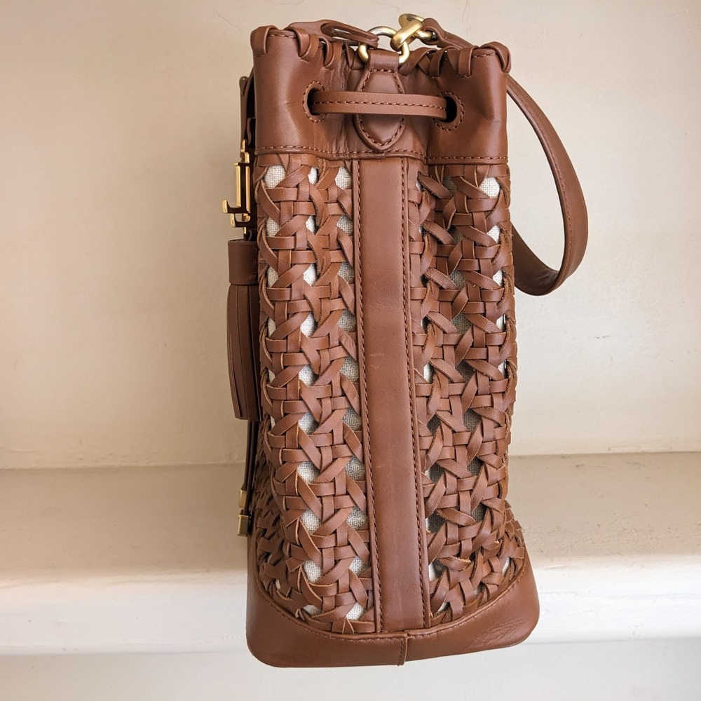 Lauren Ralph Lauren Woven Leather Bucket Bag Field Brown Diana Portwood Tote - Picture 8 of 16
